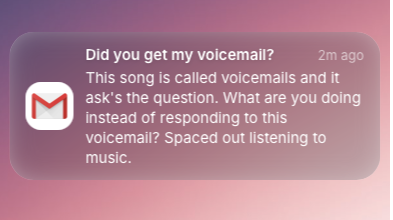 Voicemails Notification: This song is called voicemails and it ask's the question.
What are you doing instead of responding to this voicemail?
Spaced out listening to music.
"Voicemails" is a song on upcoming "1990 FM" EP.