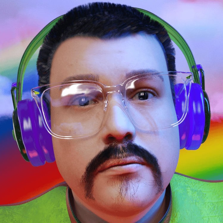 frank panduh (musician) wearing headphones and clear transparent glasses. The background has rainbow clouds.